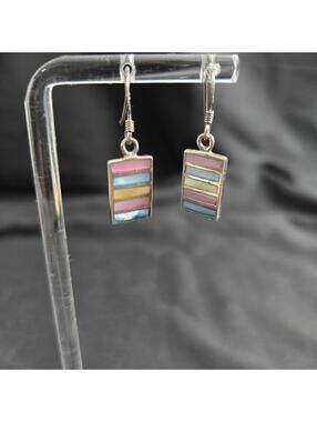 Sterling Silver Enamel Stripe Earrings Colorful Playful Pastel Colors Dangle